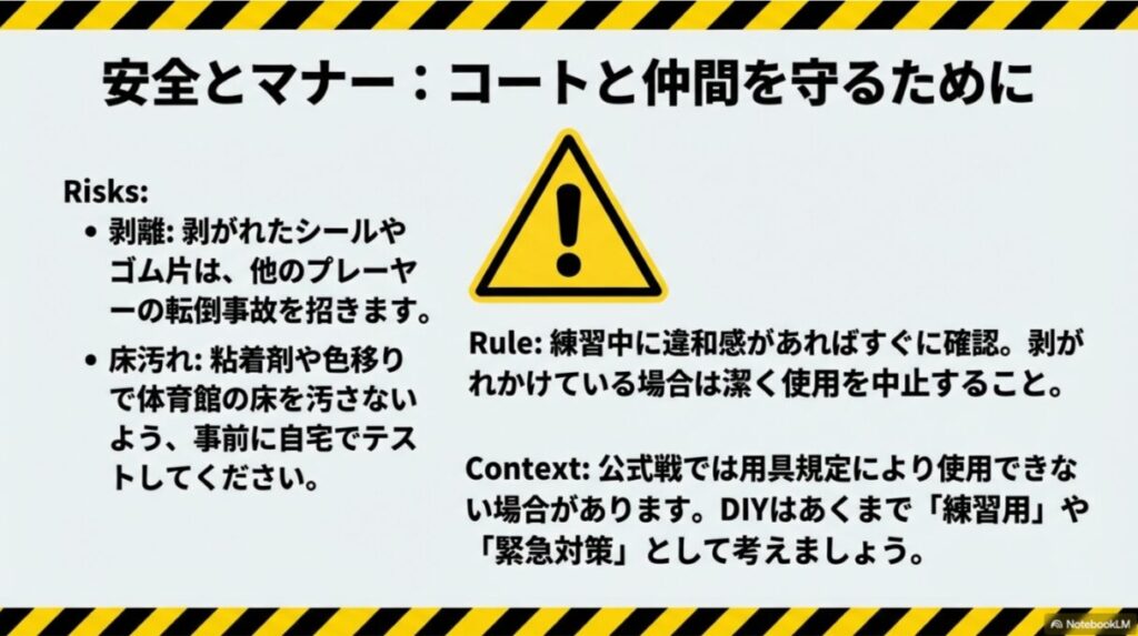 剥がれたゴム片による転倒事故や床汚れのリスク、公式戦での用具規定に関する警告マーク付きのスライド。