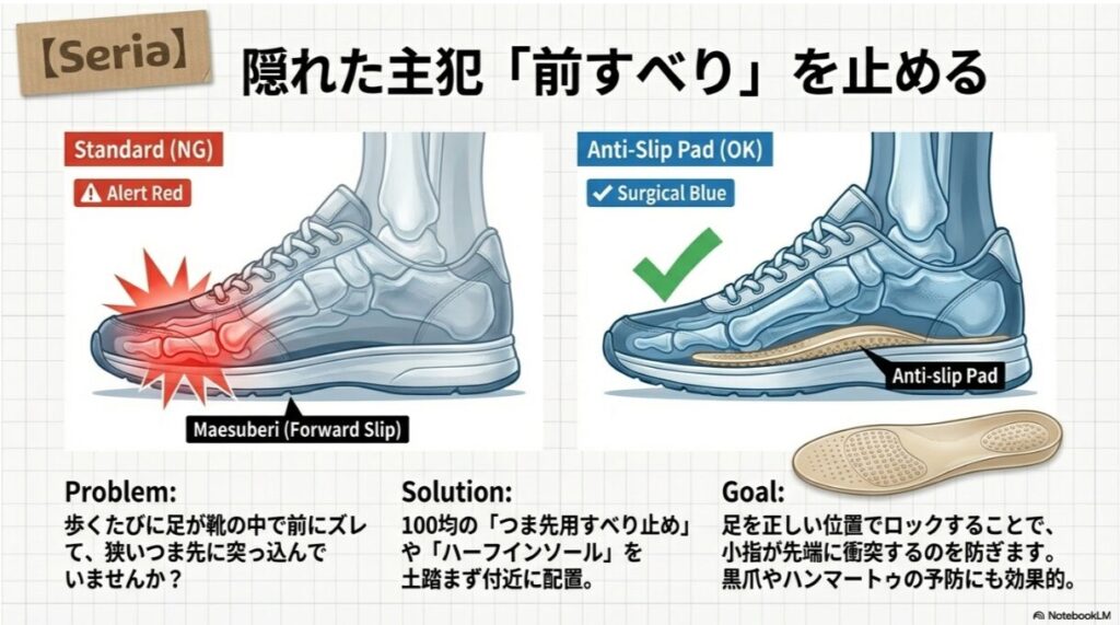 足が前方にズレてつま先に突っ込むのを、すべり止めパッドでロックして防ぐ仕組み。