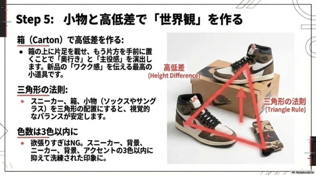 靴箱を使って高低差を出す方法と、スニーカー・箱・小物を三角形に配置してバランスを整える「三角形の法則」の解説図。