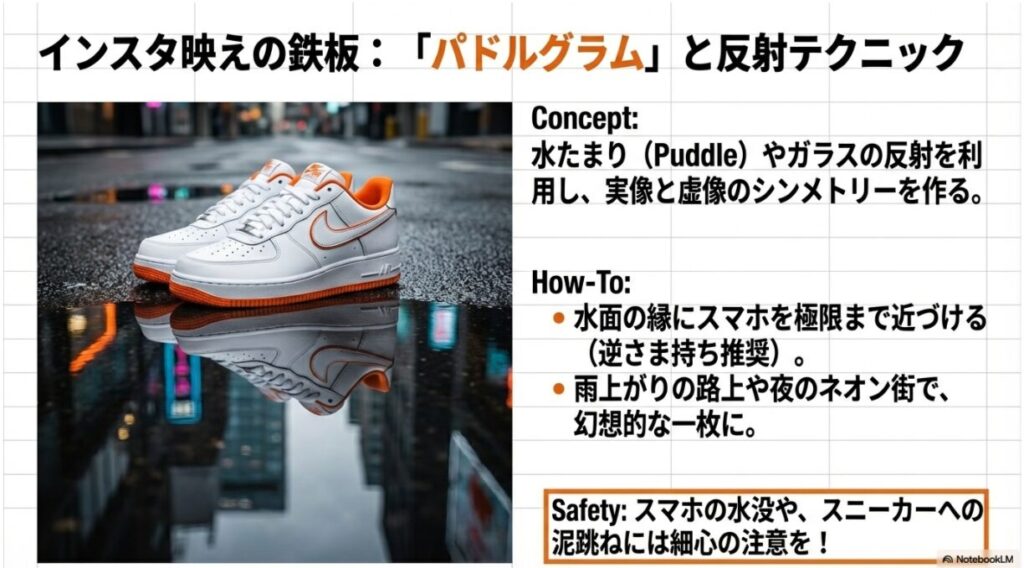 水たまりにスニーカーと夜の街並みが上下対称に反射している幻想的な写真。水面の縁にスマホを近づける撮影方法の紹介。