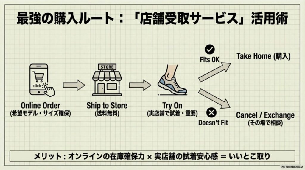 オンラインで注文し店舗で受け取る流れを図解。送料無料で試着が可能、サイズが合わなければその場でキャンセル・相談ができるメリットを解説するスライド。