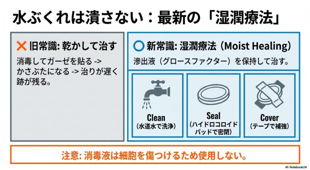 消毒液を使わず水道水で洗浄し、ハイドロコロイドパッドで密閉、テープで補強する「Clean・Seal・Cover」のステップ。