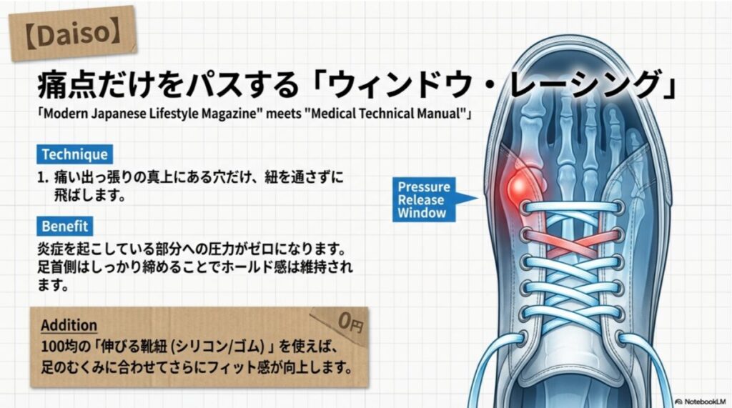 炎症を起こしている場所の靴紐の穴だけを飛ばして通すことで、圧力をゼロにするテクニック。