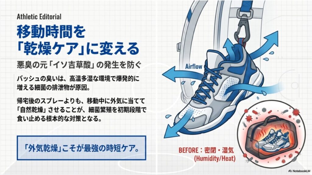 クリップで吊るされたバッシュに風(Airflow)が通り、内部の湿気や熱気が逃げていく様子を描いた図解。