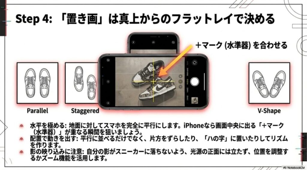 真上から撮る際のスマホの水平維持（水準器）の説明と、スニーカーを「ハの字（V-Shape）」や「ずらし（Staggered）」で配置する例を示した図解。