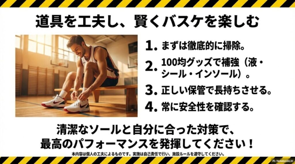掃除、100均グッズでの補強、正しい保管、安全確認の4つのポイントと、最高のパフォーマンスを発揮するプレーヤーのイメージ画像のスライド。