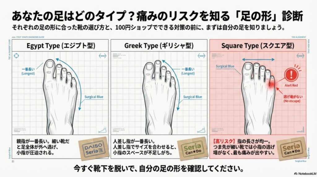 エジプト型、ギリシャ型、スクエア型の3つの足の形と、それぞれの特徴、小指が痛むリスクを解説したイラスト。