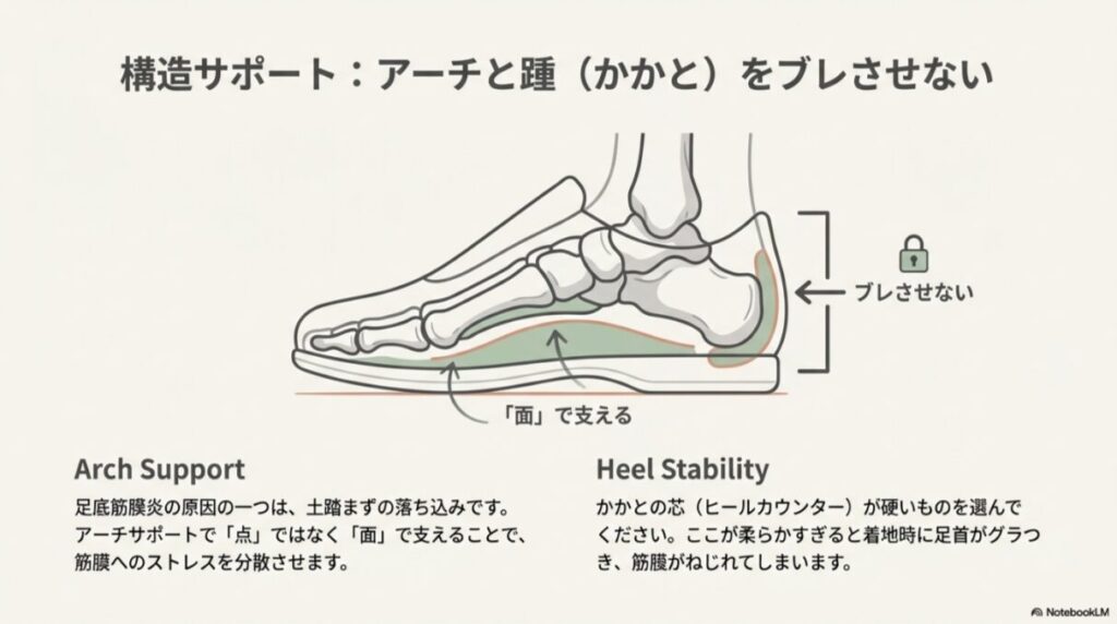 足の骨格図を用い、土踏まずを「面」で支えるアーチサポートと、かかとを固定する硬いヒールカウンターの役割を図解したスライド。