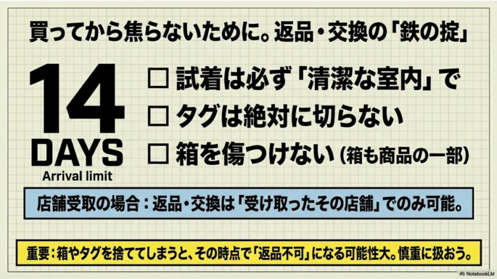 到着後14日以内の期限、室内での試着、タグを切らない、箱を傷つけないといった返品・交換のための必須条件をまとめたスライド。