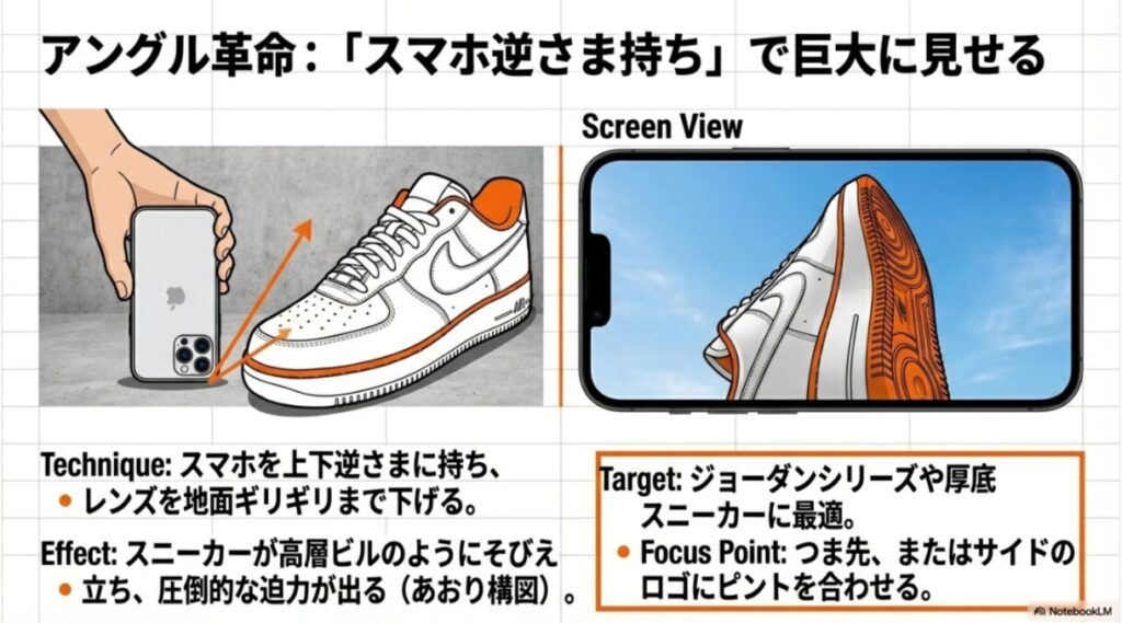 スマホを逆さまに持ち、レンズを地面ギリギリに下げて撮影する様子。スニーカーが巨大に見える「あおり構図」の効果を図解している。