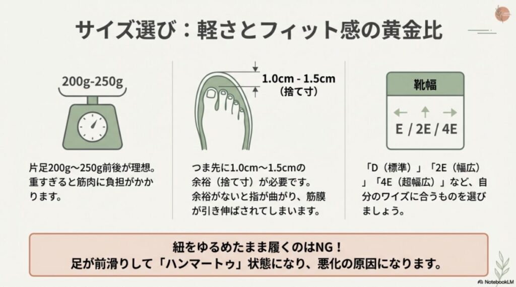 片足200gから250gの重さ、1.0cmから1.5cmの捨て寸、ワイズ（足幅）の選択、紐を結ぶ重要性を説明するアイコン付きスライド。