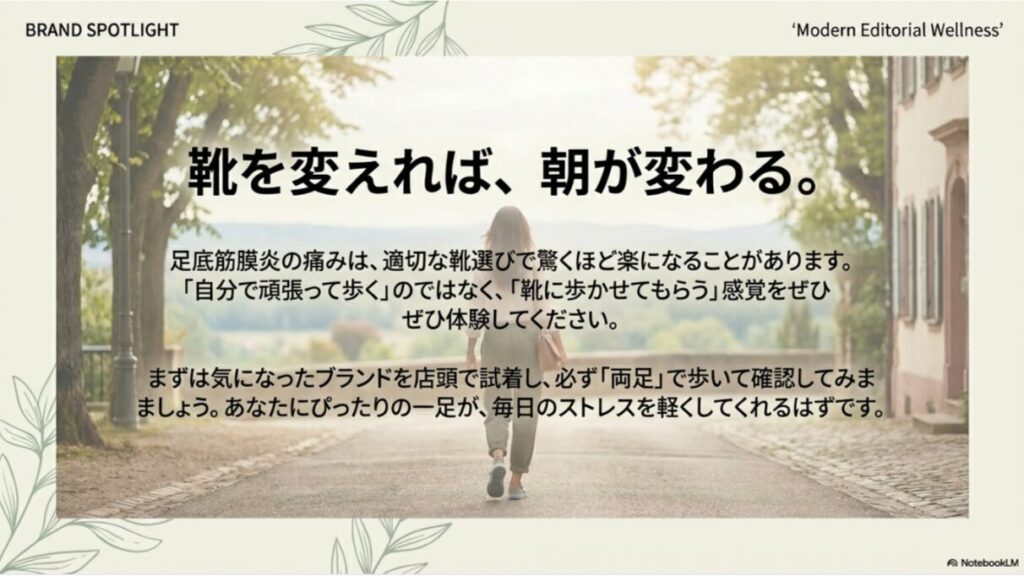 本資料が一般的な情報提供であること、強い痛みがある場合は専門医を受診すべきこと、および出典元（日本足外科学会など）を記載したスライド。