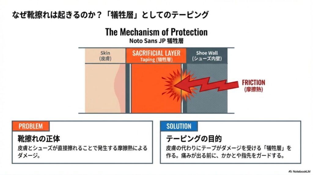 皮膚とシューズ内壁の間にテーピング（犠牲層）を挟むことで、直接的な摩擦熱から皮膚を保護するメカニズムの図解。