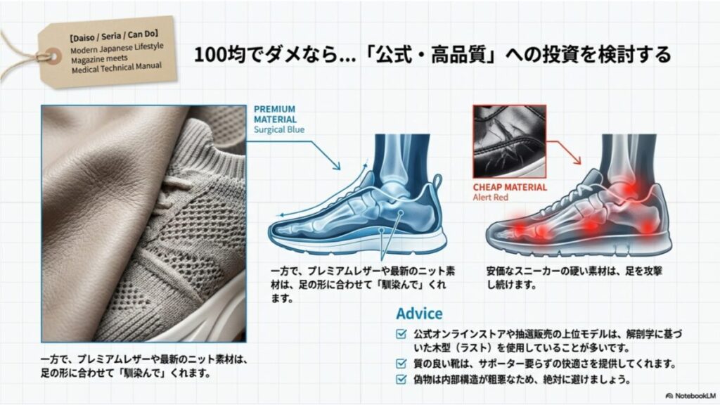 プレミアムレザーなどの良質な素材は足に馴染む一方、安価で硬い素材は足を攻撃し続けることを示す図。