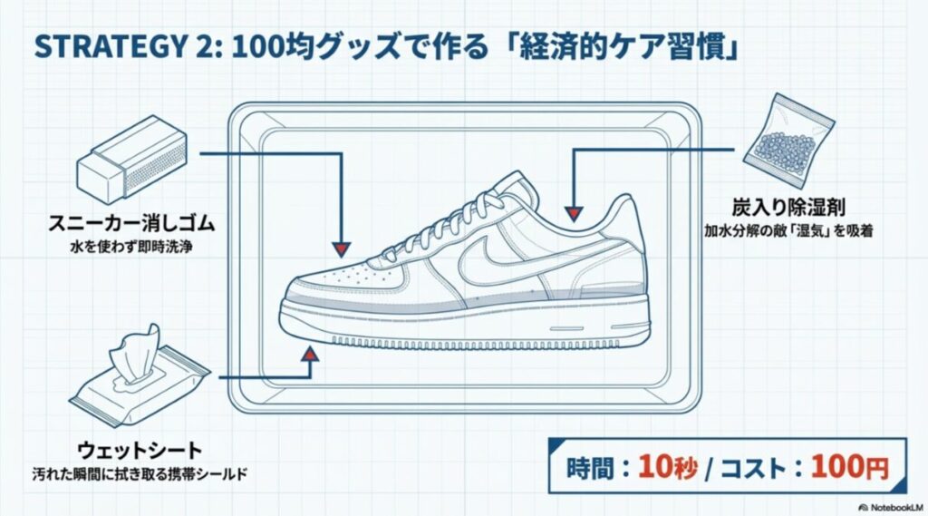 スニーカー消しゴム、ウェットシート、炭入り除湿剤を活用した、低コストで時短なメンテナンス方法の紹介図。