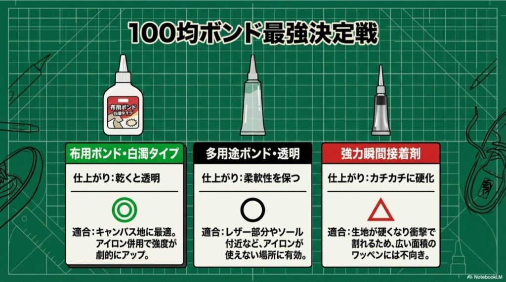 白濁タイプの布用ボンド、透明な多用途ボンド、強力瞬間接着剤のそれぞれの仕上がりと、VANSのどのパーツに向いているかを示す解説図。
