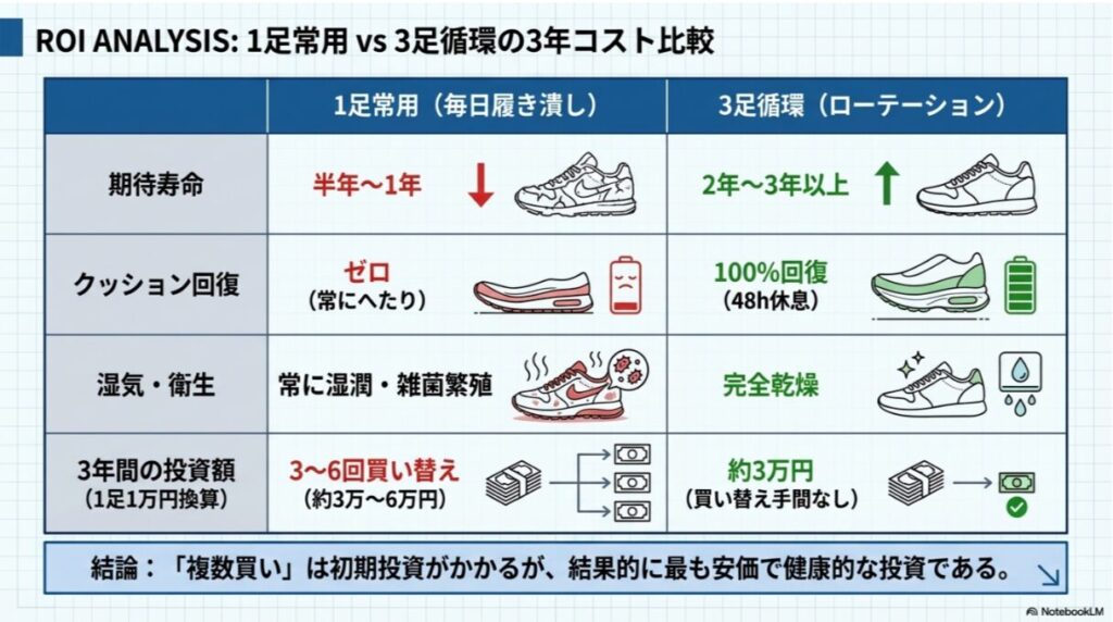 1足を毎日履き潰す場合と3足をローテーションする場合の3年間のコスト比較表。ローテーションの方が寿命が長く、買い替え回数が減るため経済的であることを示しています。