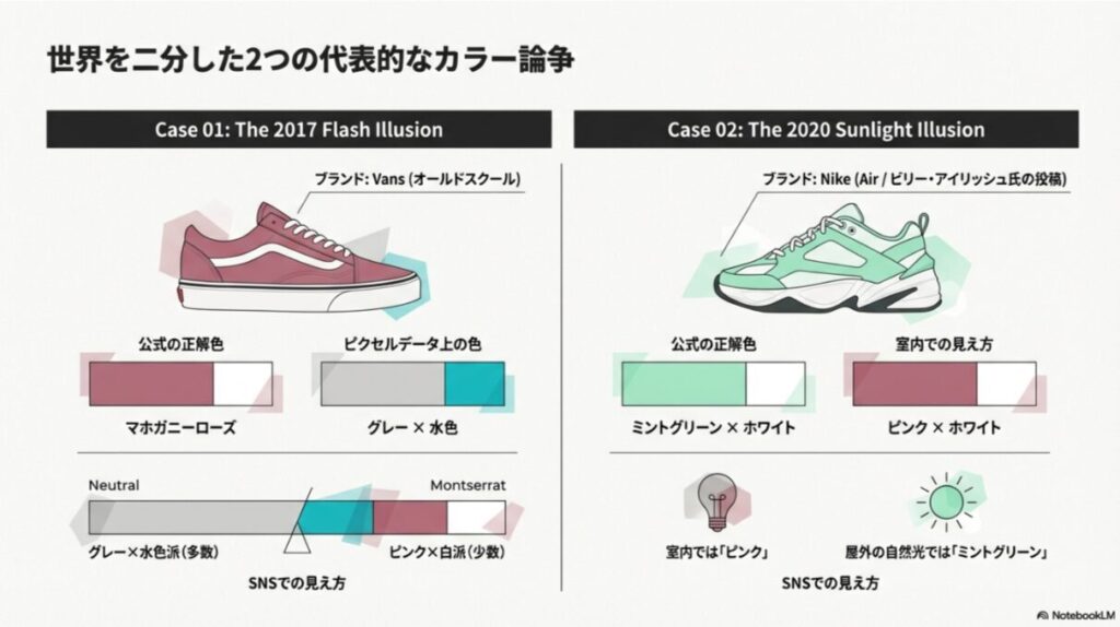 Vans「オールドスクール」とNike「Air」の2つのスニーカーを例に、公式の正解色とSNSでの見え方の違いを比較した図解。