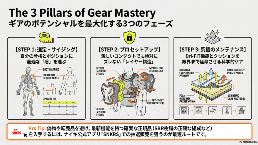 「選定・サイジング」「プロセットアップ」「メンテナンス」の3つの工程を解説する図解スライド。