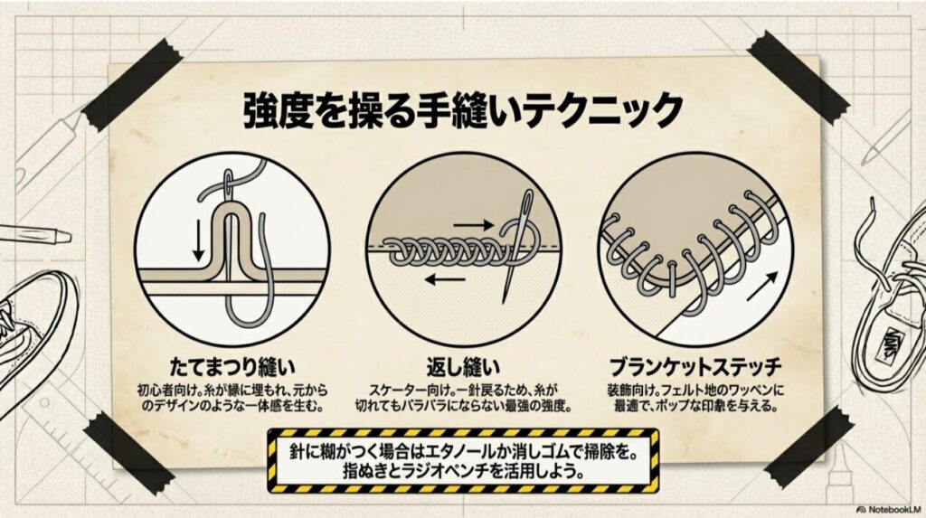 装飾向けのブランケットステッチ、一体感が出るたてまつり縫い、最強の強度を持つ返し縫いの3種類の縫い方を解説するイラスト。