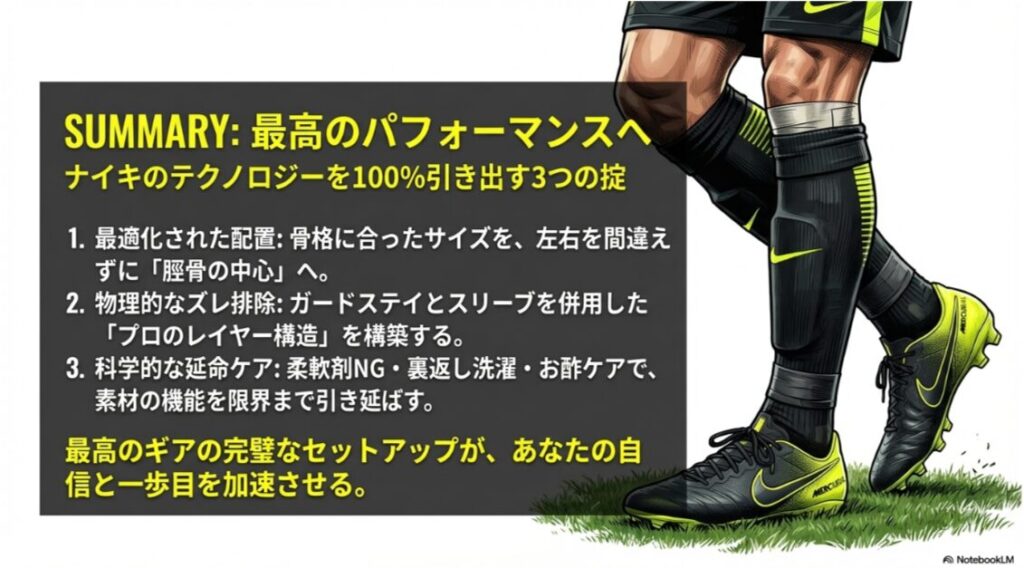 「最適化された配置」「物理的なズレ排除」「科学的な延命ケア」の3点をまとめた最終確認スライド。