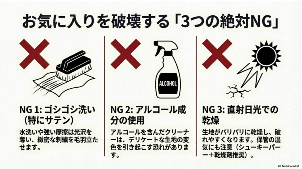 メンテナンスの禁止事項。ゴシゴシ洗い、アルコールの使用、直射日光での乾燥がNGである理由の解説。