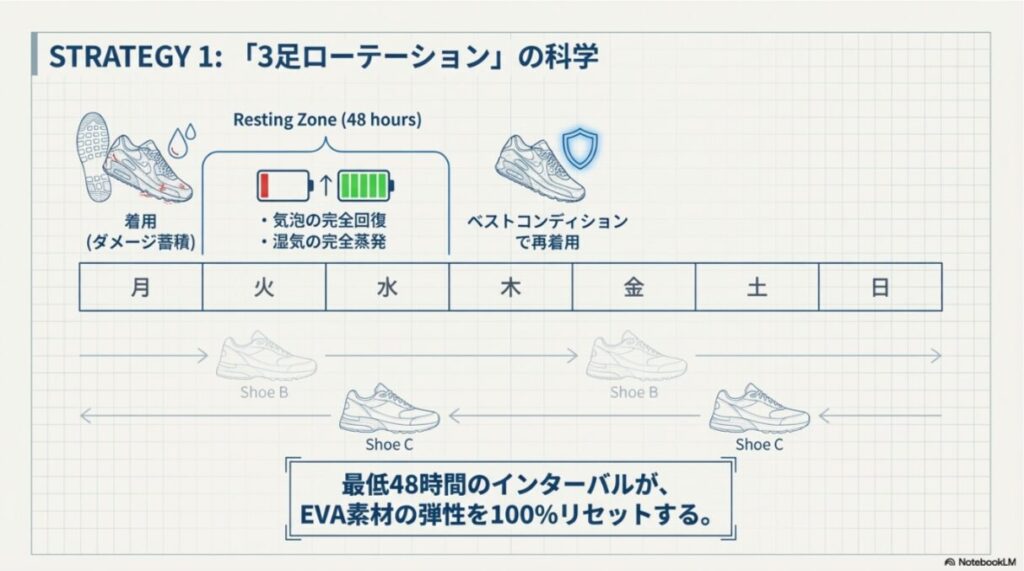 月曜日から日曜日まで3足の靴を回し、各靴に48時間以上の「Resting Zone（休息）」を与えることで、弾性と湿気をリセットするスケジュール図。