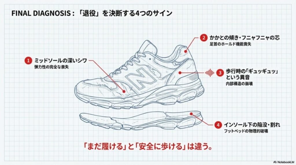 ミッドソールの深いシワ、かかとの傾き、歩行時の異音、インソール下の陥没など、スニーカーの寿命を示す4つの具体的なチェックポイント。