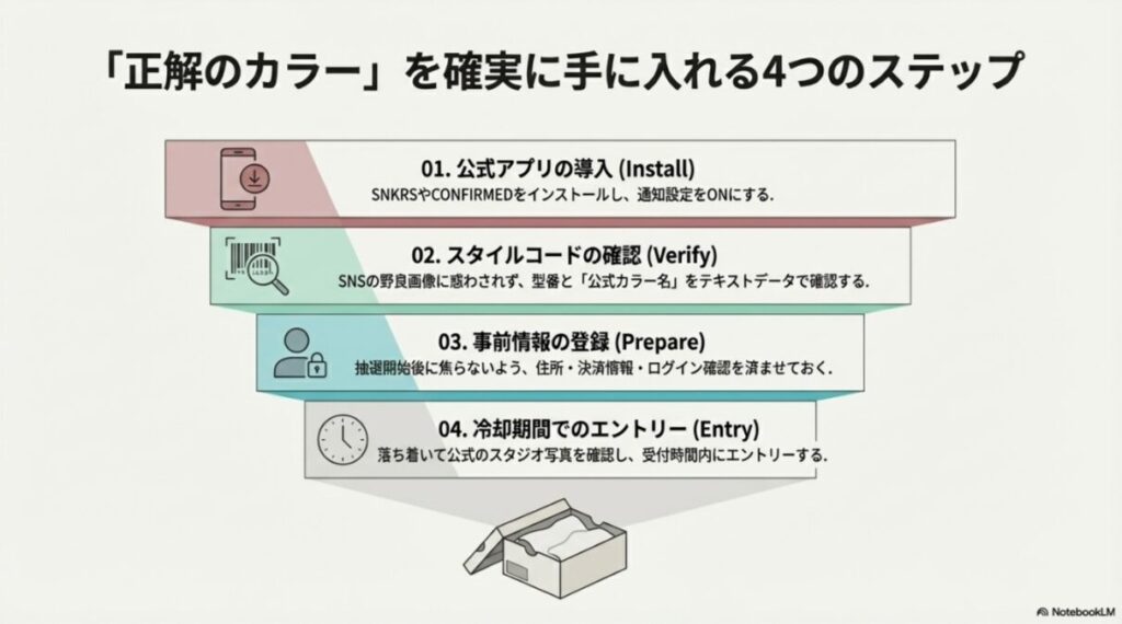 アプリ導入、スタイルコード確認、事前登録、冷却期間でのエントリーという、失敗しない購入手順。
