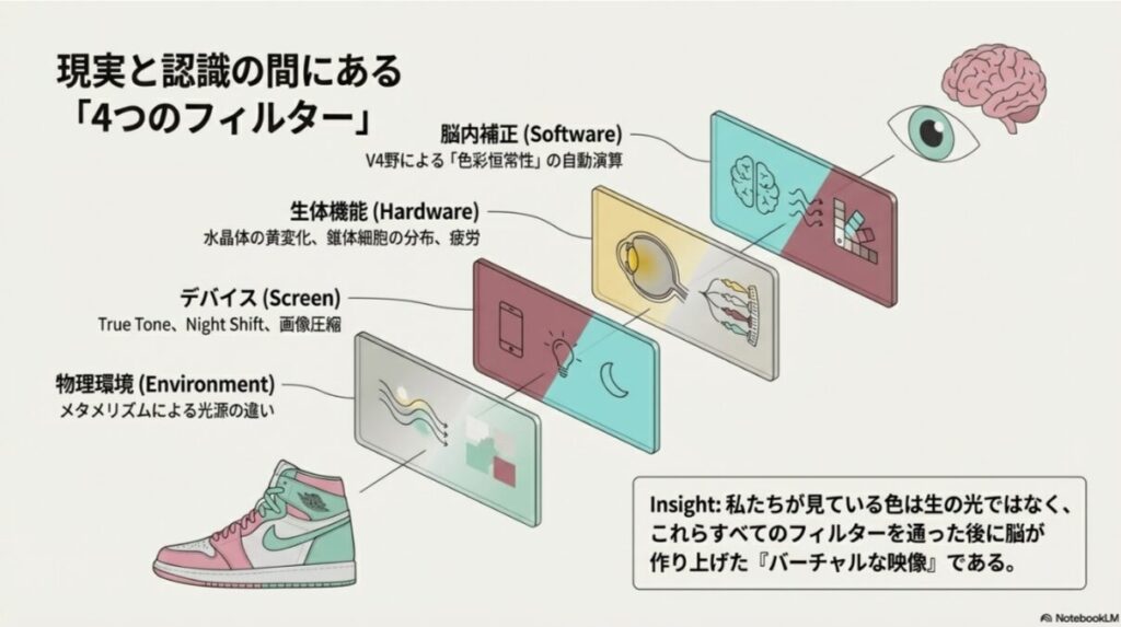 脳内補正、生体機能、デバイス、物理環境という、私たちが見る色を決定づける4つの要因のまとめ。