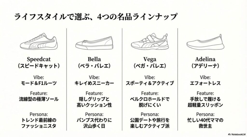 スピードキャット、ベラ、ベガ、アデリーナの4モデルについて、それぞれの雰囲気、特徴、おすすめの利用シーンをまとめた比較表。