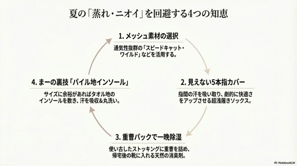 メッシュ素材の選択、5本指カバー、重曹パック、パイル地インソールという、夏場の快適さを保つためのお手入れテクニックをまとめたスライド。