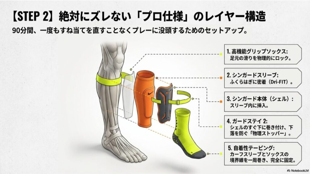 グリップソックス、スリーブ、シェル、ガードステイ、テーピングを順番に重ねる5段階のセットアップ手順。