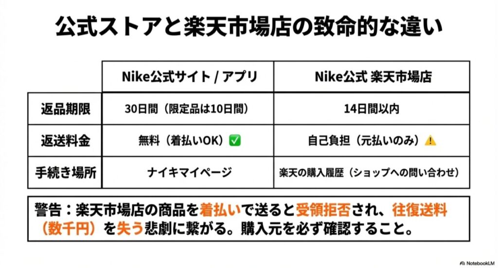 公式サイト（送料無料・30日）と楽天市場店（送料自己負担・14日）の返品期限、料金、手続き場所の違いをまとめた比較表。