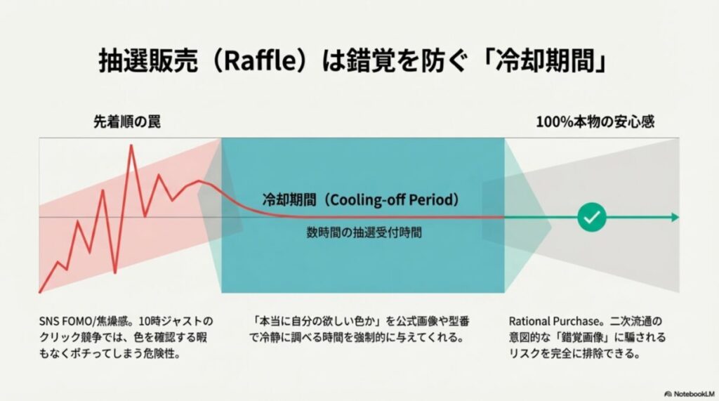 焦燥感による購入を防ぎ、冷静に公式情報を確認する時間を与えてくれる抽選販売のメリット。