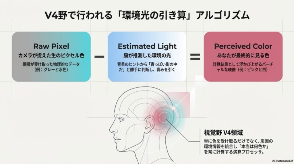 生のピクセルデータから脳が推定した光を引き算し、最終的に私たちが認識する色が作り上げられるプロセス。