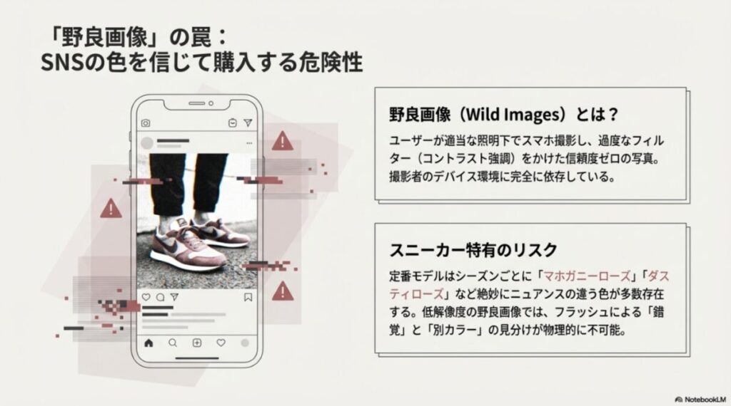 SNS上の低解像度でフィルターがかかった写真では、カラー名の判別が不可能であることを示す警告。