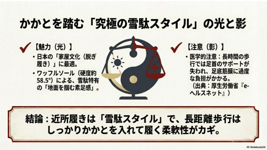 陰陽の図を用いた解説。脱ぎ履きの利便性とワッフルソールの素足感という「光」に対し、足底への負担という「影」を説明。