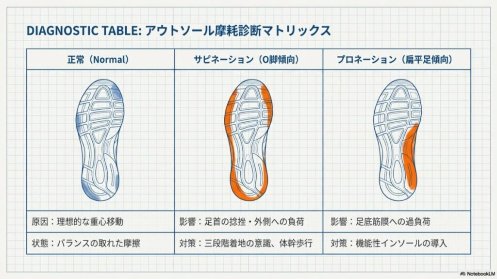 正常、サピネーション（O脚）、プロネーション（扁平足）それぞれのソールの減り方と、その原因、対策をまとめた比較表。
