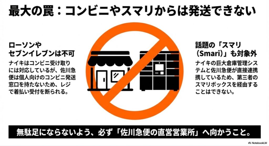 コンビニ店舗とスマリボックスに大きく禁止マークが書かれたイラスト。佐川急便とナイキのシステム連携のため、これらを経由できないことを解説。