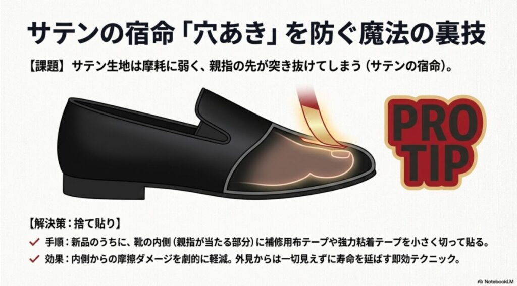 プロのコツ（PRO TIP）。靴の内側に補修テープを貼ることで、親指の摩擦による穴あきを予防する手順の図解。