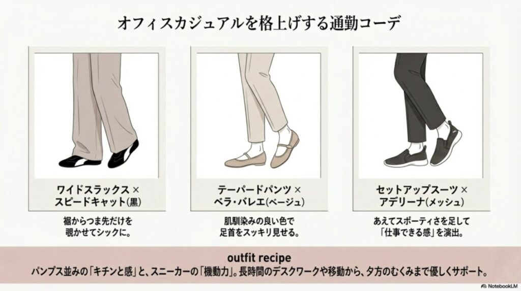 スラックスやテーパードパンツと、それぞれのモデル（スピードキャット、ベラ、アデリーナ）を組み合わせた3通りの通勤スタイルの提案。