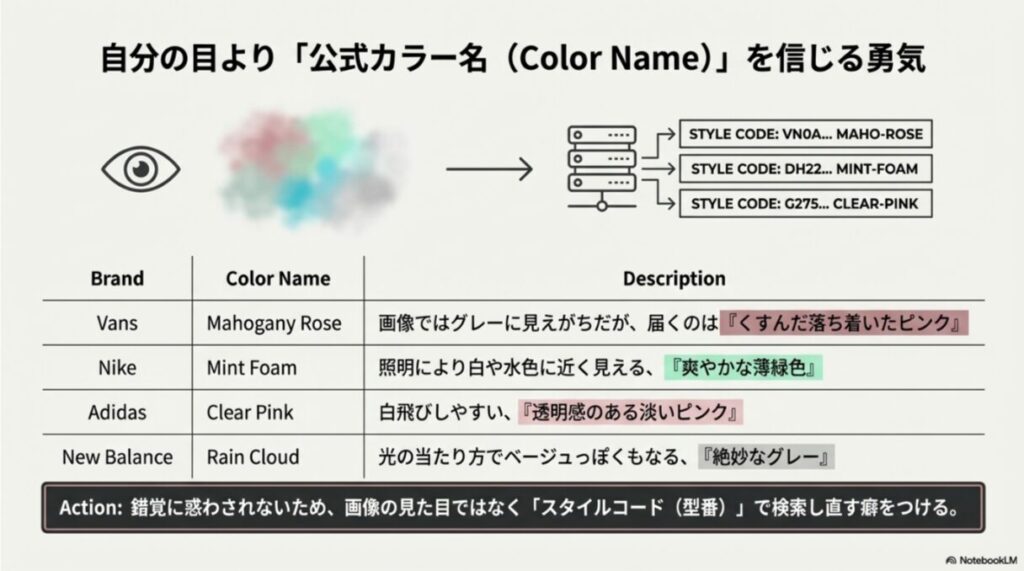 各ブランドの公式カラー名とその実際の色味の傾向、スタイルコードで検索するアクションの推奨。