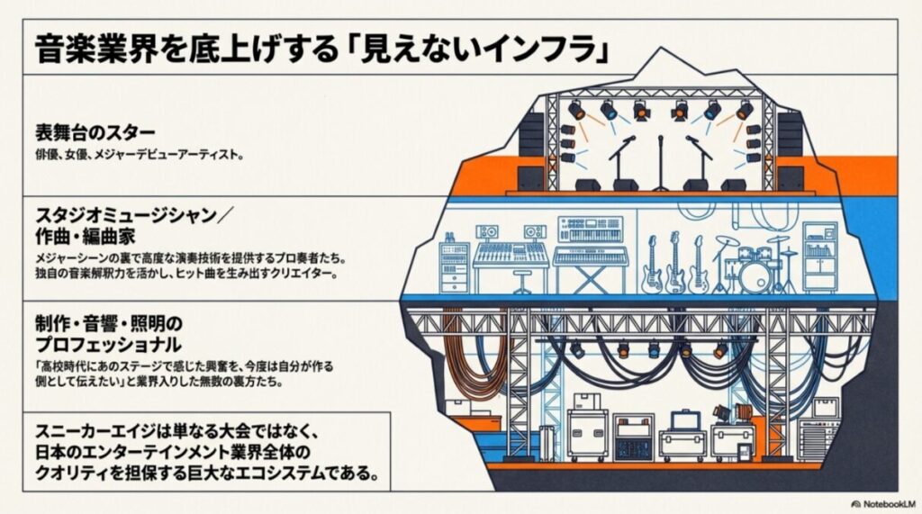 ステージの表舞台に立つスターだけでなく、スタジオミュージシャン、作曲家、音響・照明などの裏方まで、スニーカーエイジが業界全体のクオリティを支える構造を示す図解。