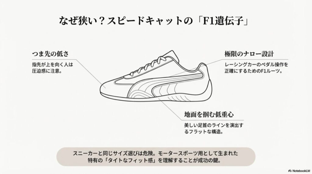 レーシングカーのペダル操作を正確にするための「極限のナロー設計」や、つま先の低さ、低重心構造など、スピードキャットの設計思想を解説する図解。