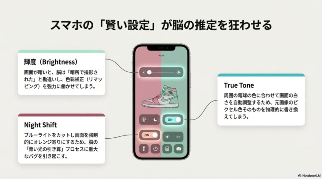 輝度、Night Shift、True Toneといったスマートフォンの機能が、色の見え方に与える影響のまとめ。
