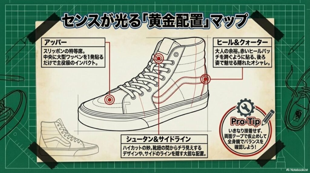 アッパー、ヒール&クォーター、シュータン&サイドラインなど、VANSのモデルに合わせた効果的なワッペンの配置場所の解説。