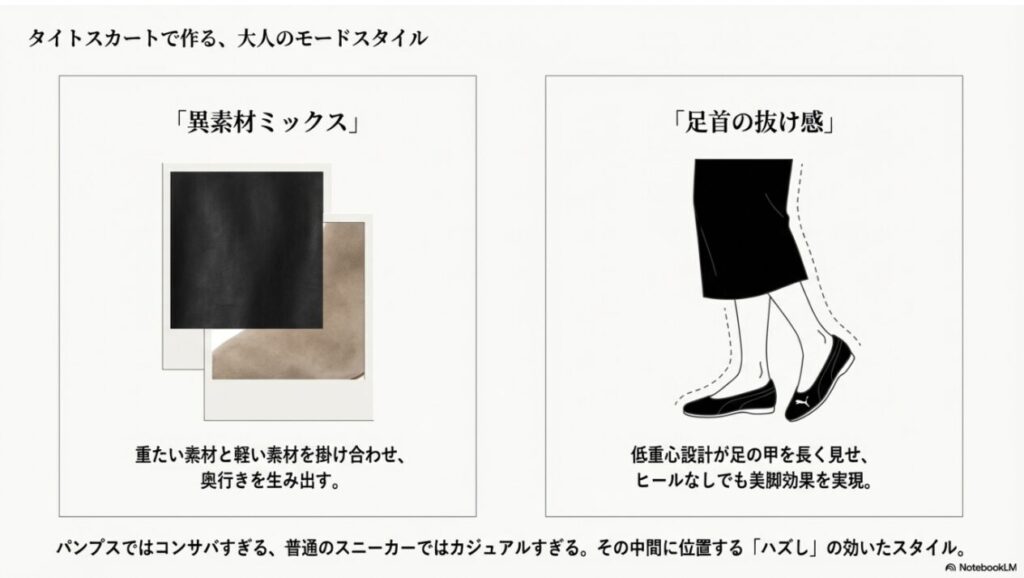タイトスカートとプーマを組み合わせ、低重心設計によって足の甲を長く見せる美脚効果を解説したイラスト。