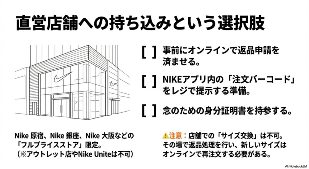 ナイキ直営店のイラストと、フルプライスストア限定であること、アプリの注文バーコード提示が必要であることを説明するリスト。