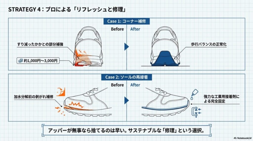 かかとの部分補強（コーナー補修）と、ソールの再接着による修理前後の比較図。